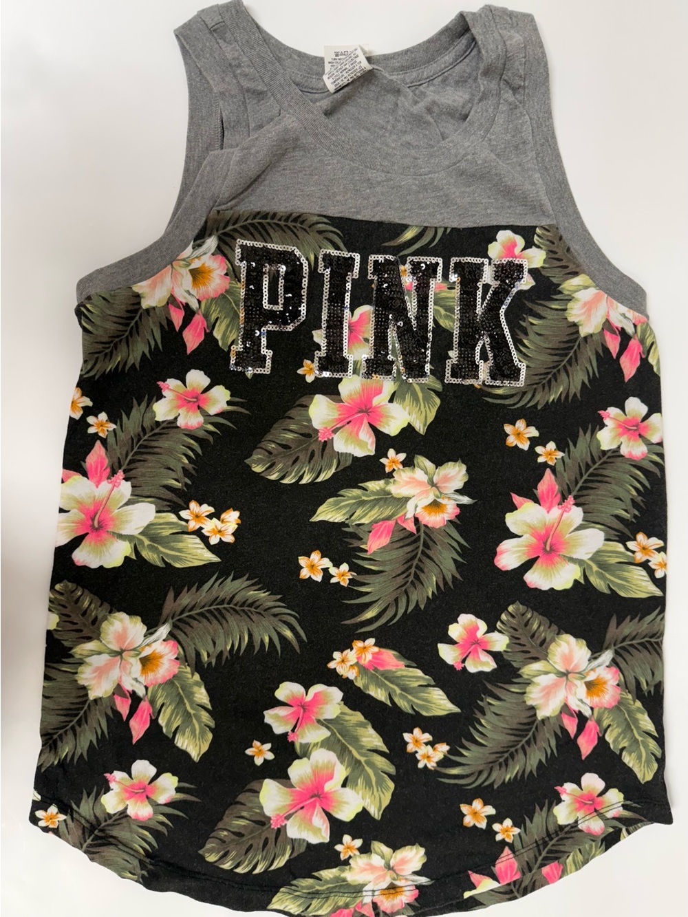 PINK Floral Tropical Tank Top - Black & Gray with Pink Flowers